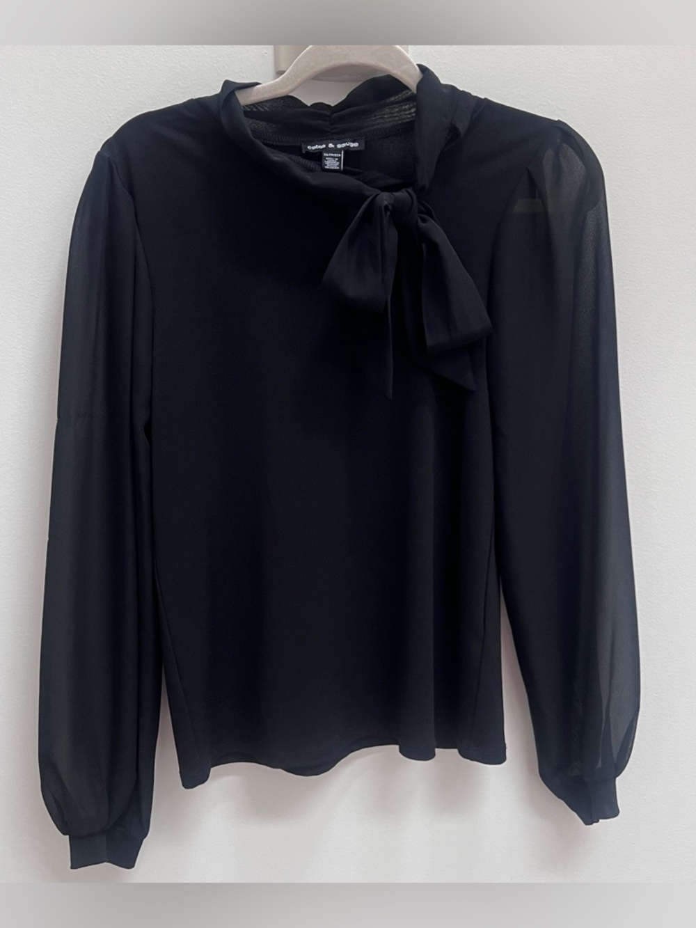 Black Tie-Neck Sheer Sleeve Blouse